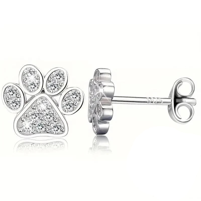 Silver paw print earrings with a 'Real Sterling Silver 925' stamp on a white background