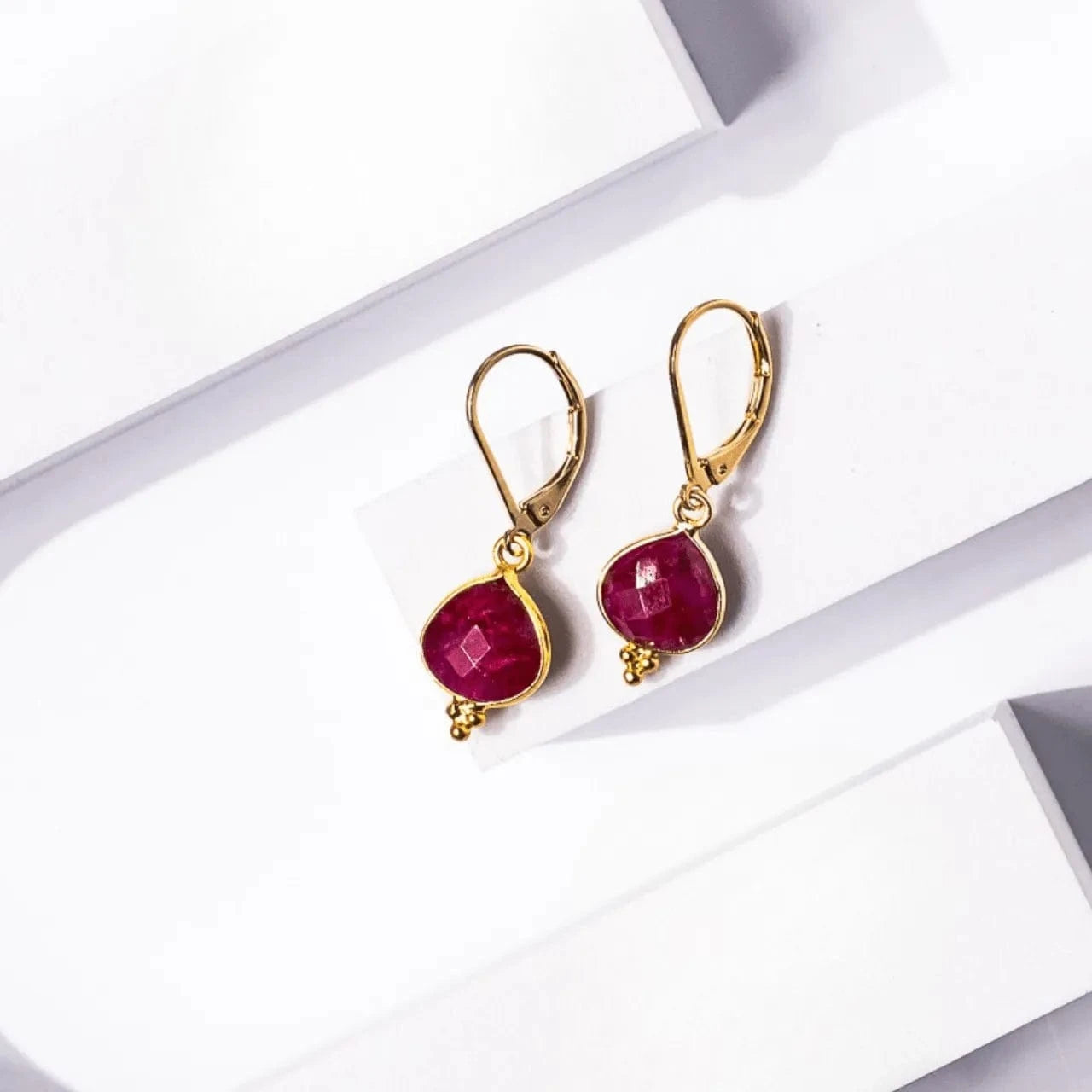 Small faceted ruby red leverback earrings in gold, July birthstone jewelry