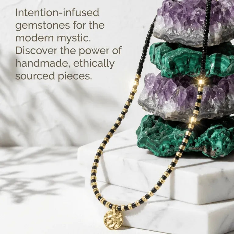Necklace with intention-infused gemstones on a white surface, promotional text overlay.