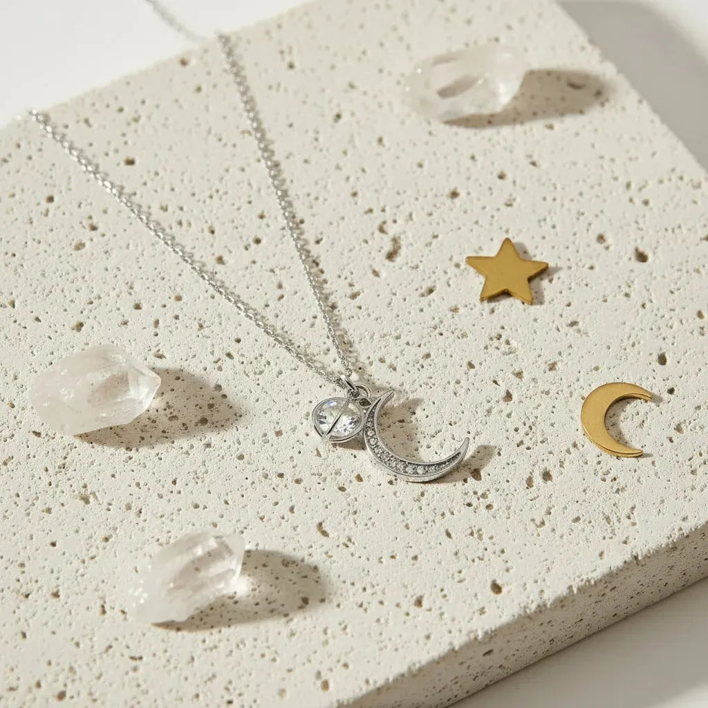 crescent moon necklace with crystal ball