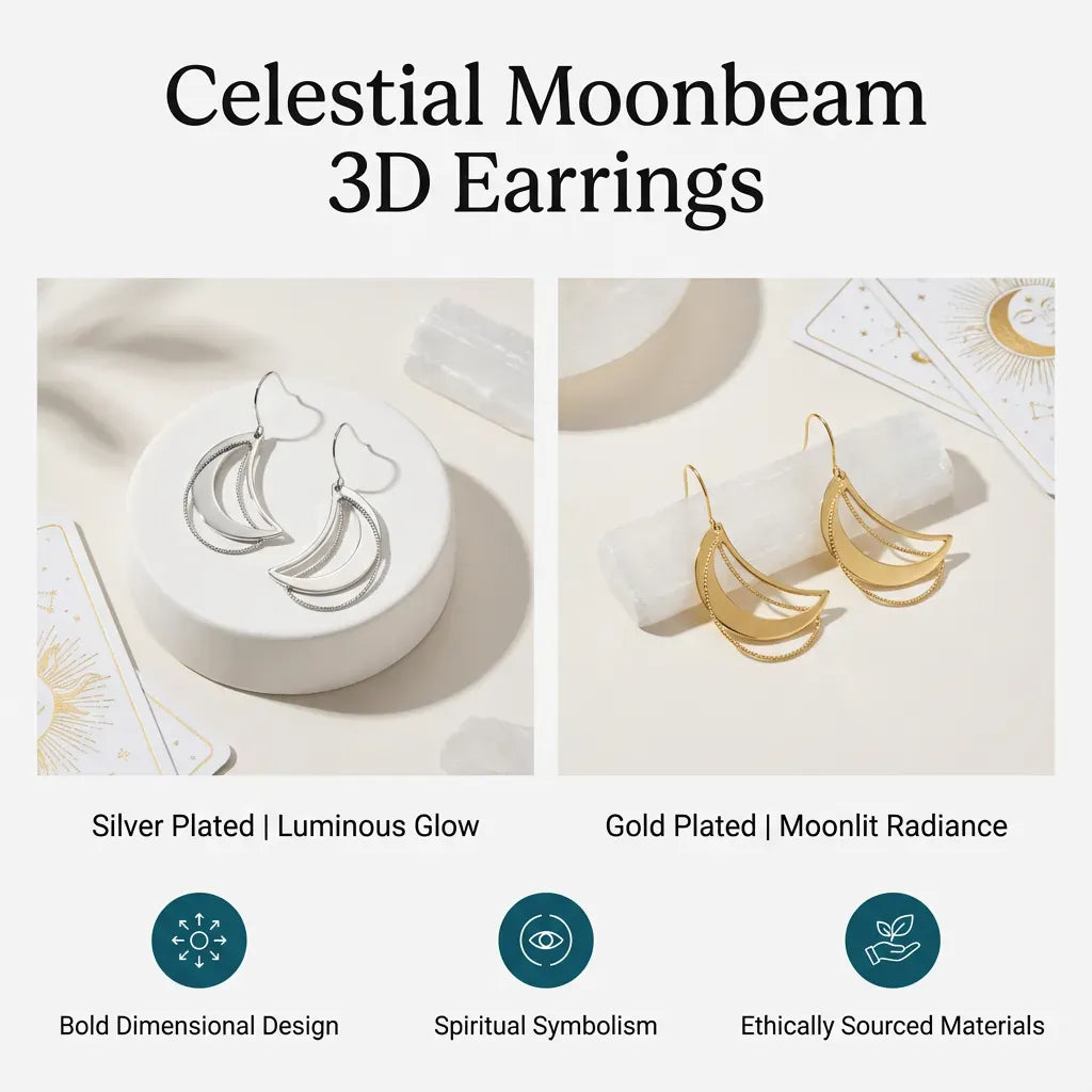 Celestial Moonbeam 3D Earrings in silver and gold on a white background
