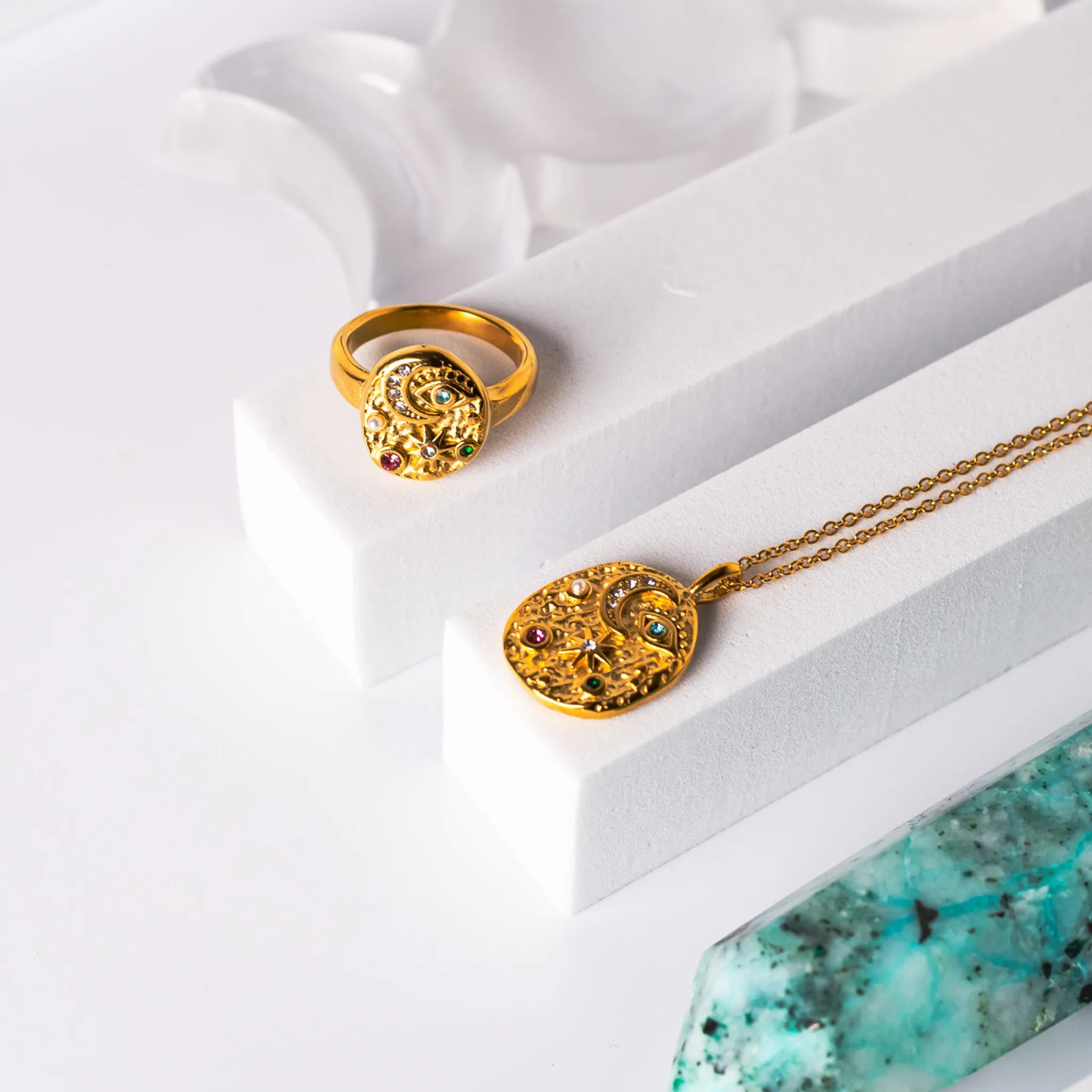 gold crescent moon necklace and matching ring with third eye and stars