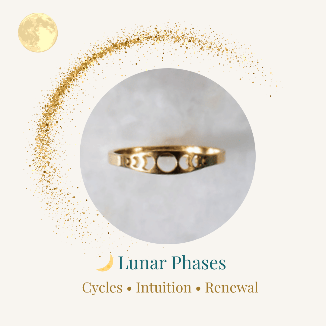 Gold ring on a marble sphere with 'Lunar Phases' text and moon icon.