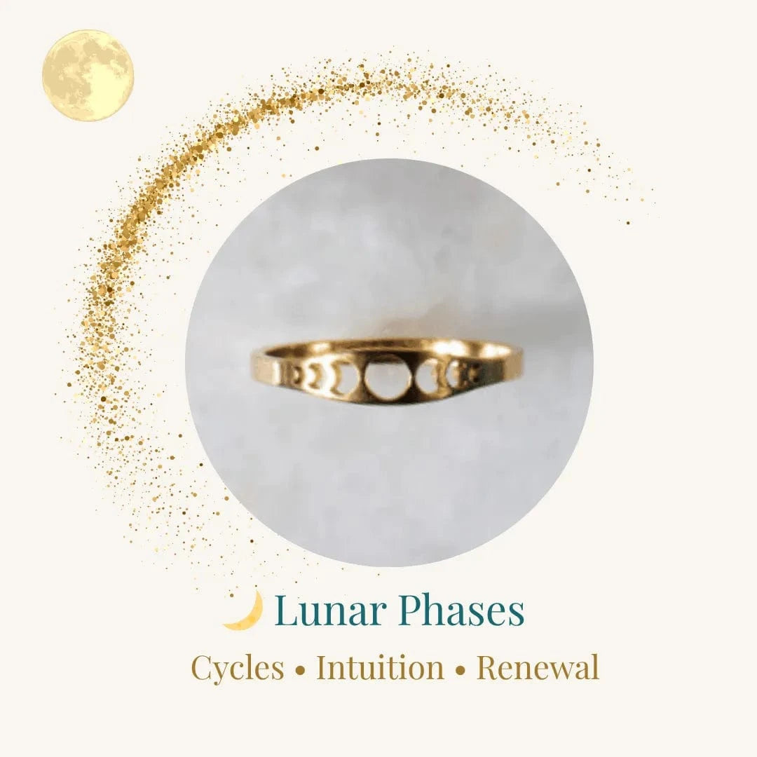 Gold ring on a marble sphere with 'Lunar Phases' text and moon icon.