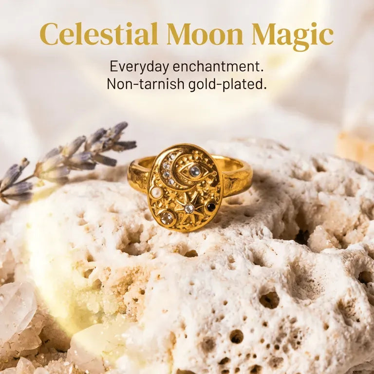 Gold ring on a rock with 'Celestial Moon Magic' branding and lavender flowers.