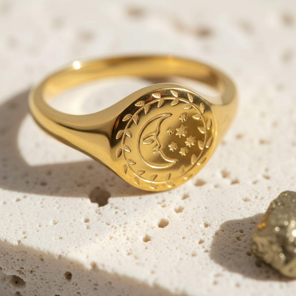 18K PVD gold crescent moon ring, front view of the stainless steel band