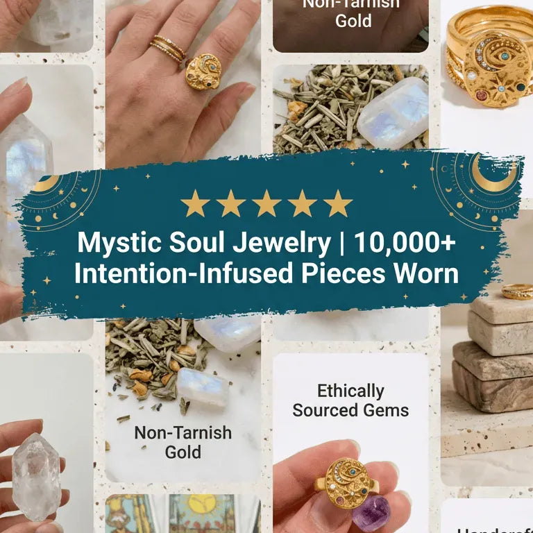 Collage of gold jewelry with text about Mystic Soul Jewelry and intention-infused pieces.