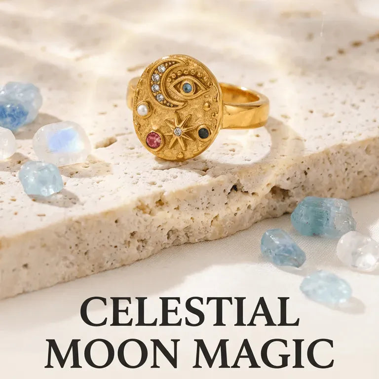 Gold ring with gemstones on a stone surface with text about celestial moon magic and a 'Shop Now' button.