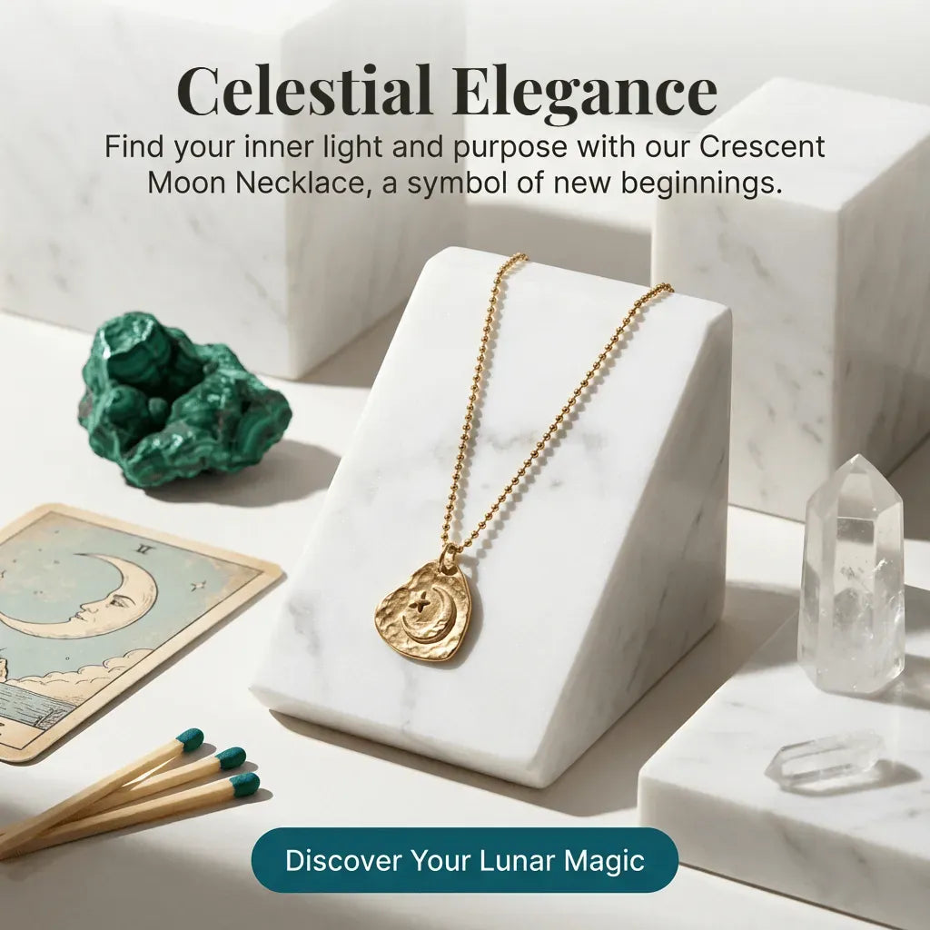 Gold crescent moon necklace on a white marble stand with crystals and cards in the background.