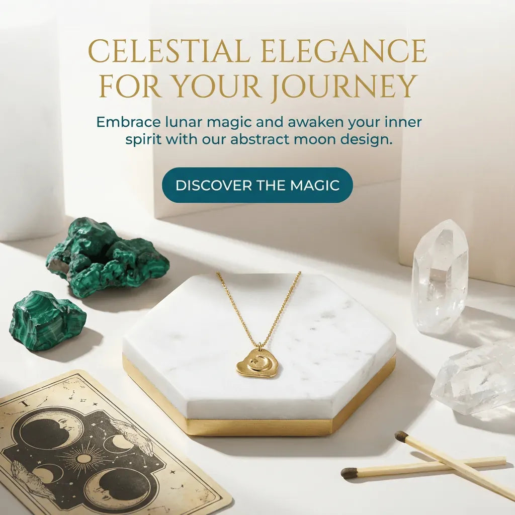 Gold necklace on a white box with crystals and tarot cards on a light surface, promotional text overlay.