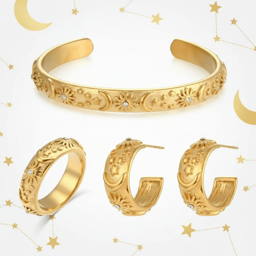 Sun • Moon • Star Celestial Set | Stainless Steel (Bracelet, Earrings + Ring)