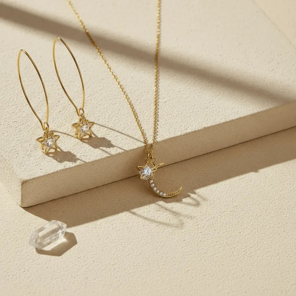 Gold necklace and earrings on a beige surface