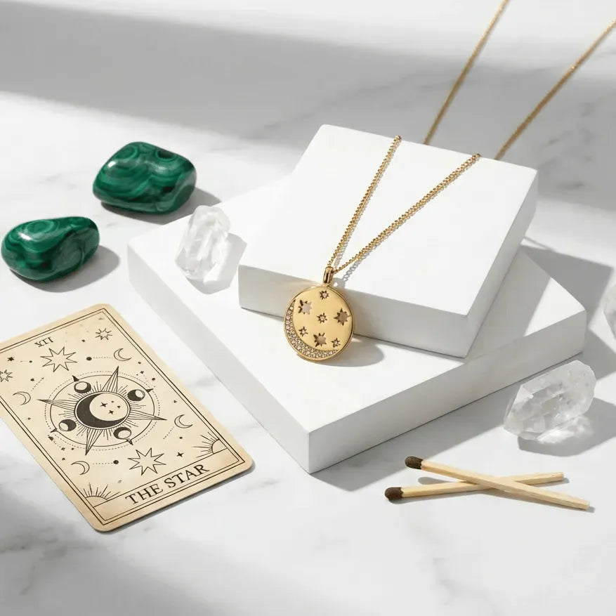 Gold necklace with pendant on a white box, surrounded by crystals and tarot card on a marble surface