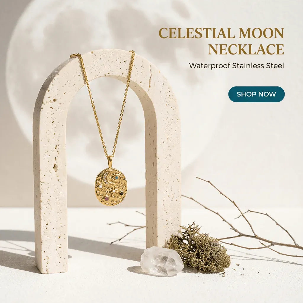 Gold necklace with celestial moon design on a white arch, with 'Celestial Moon Necklace' text and 'Shop Now' button.
