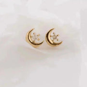 Crescent Moon Star Stud Earrings