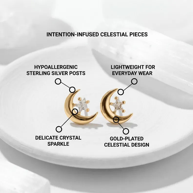 Gold crescent moon earrings with celestial design on a white background