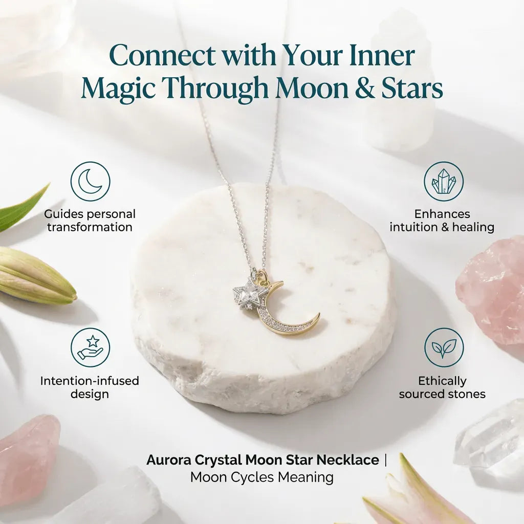 Aurora Crystal Moon Star Necklace on a white stone with moon and star symbols and text about its benefits.