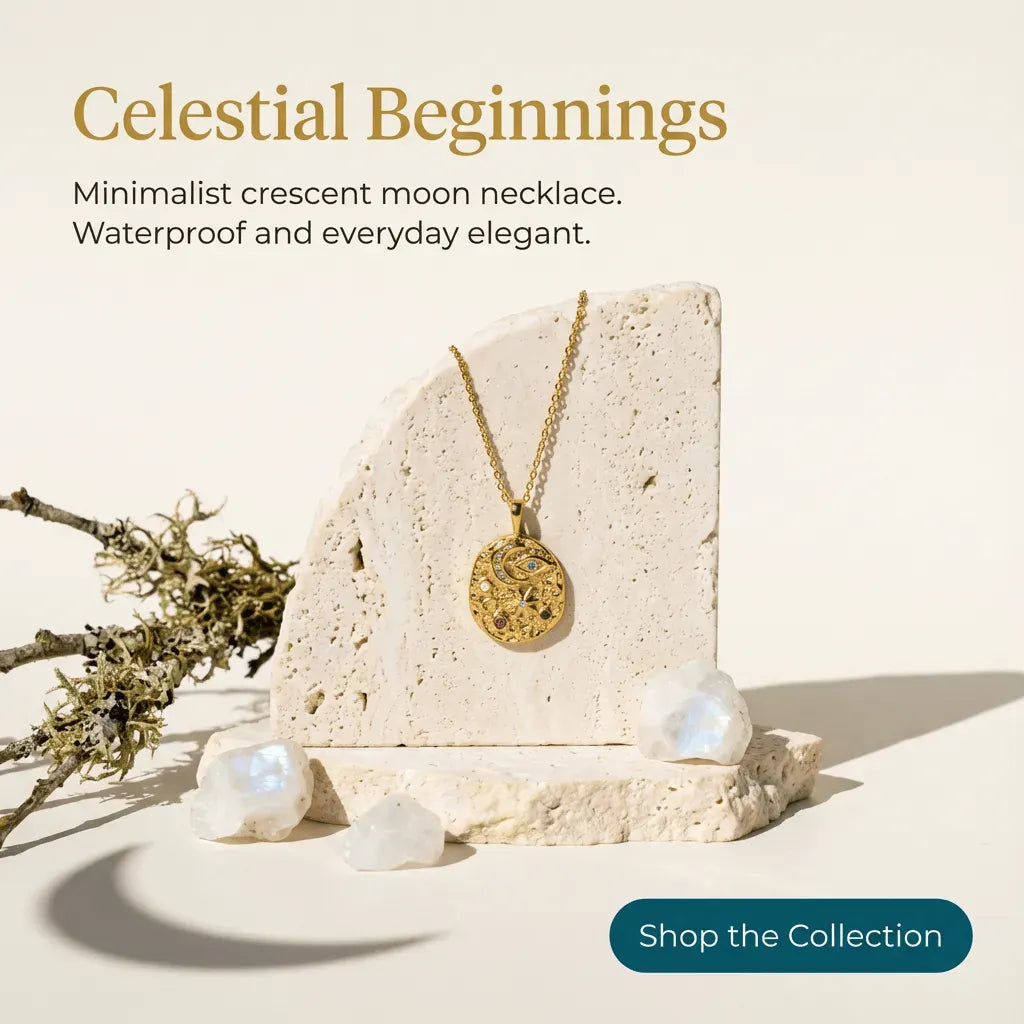 Gold necklace on a stone with text 'Celestial Beginnings' and 'Shop the Collection' button.