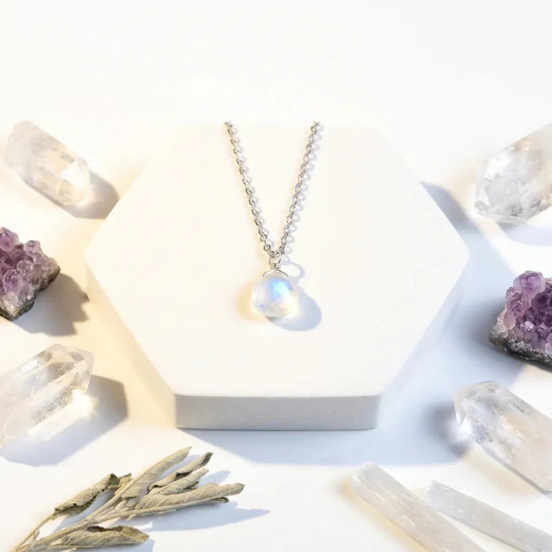 Moonstone Crown Chakra pendant necklace with amethyst and crystals for intuition and spiritual connection