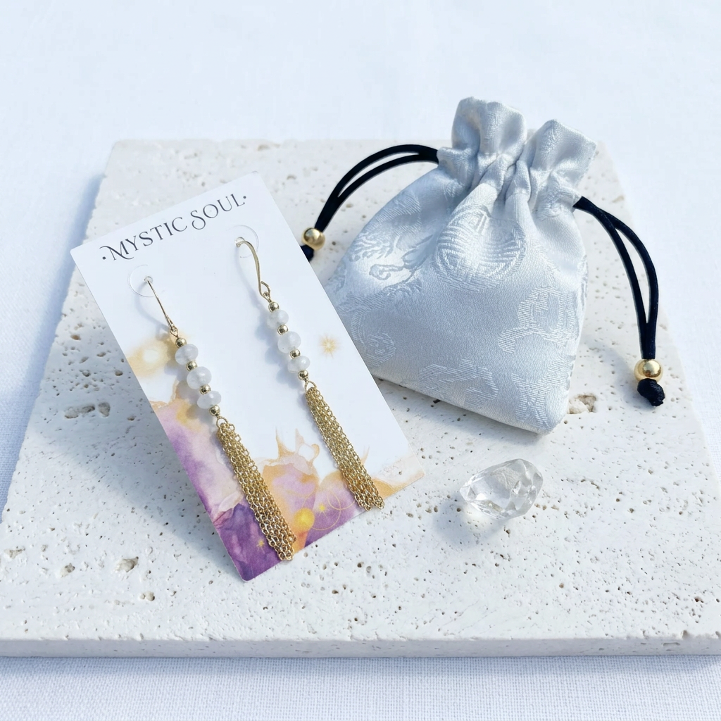 Gold moonstone tassel earrings on a display card, faceted white stone with chain cascade — June birthstone jewelry