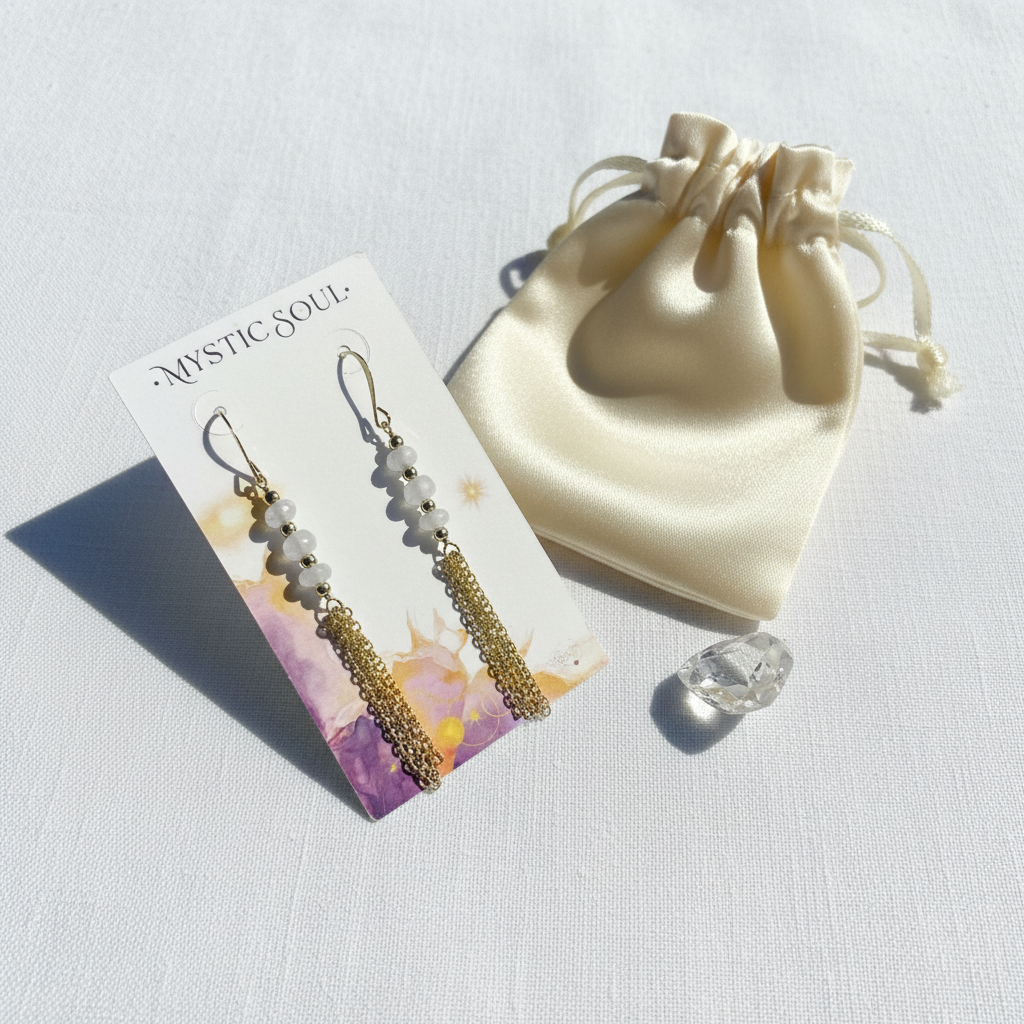 Gold moonstone tassel earrings on a display card, faceted white stone with chain cascade — June birthstone jewelry