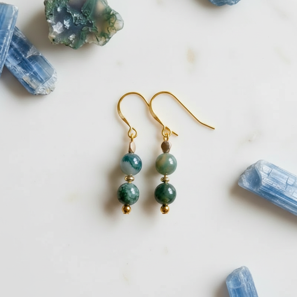 Moss agate drop earrings, gold-plated, one-of-a-kind
