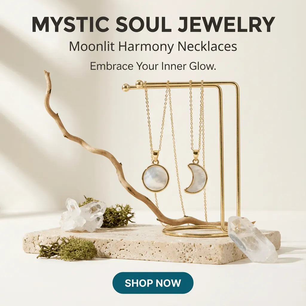 Mystic Soul Jewelry display with moonlit harmony necklaces on a natural stone base.