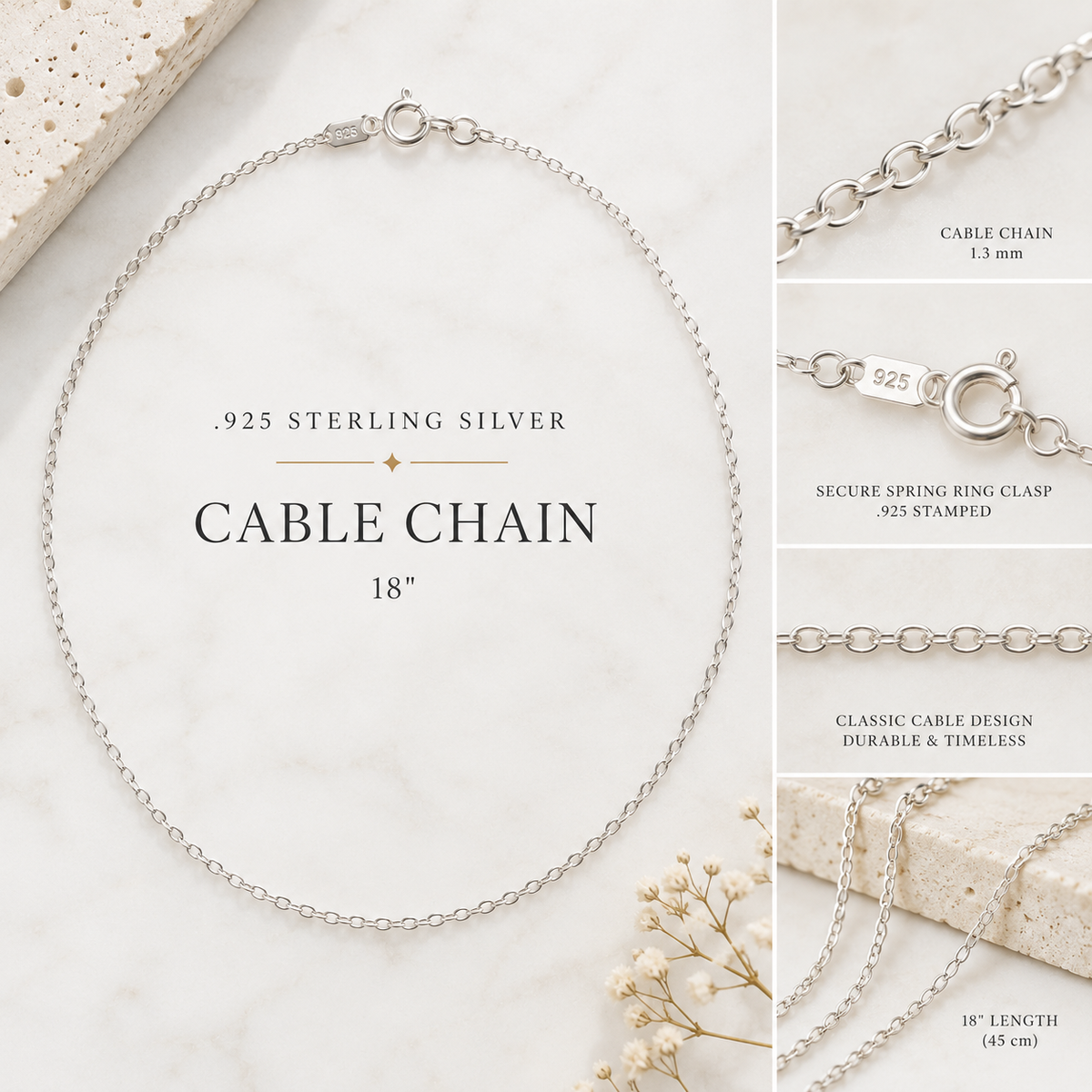925 sterling silver 1.3 mm cable chain, 18 inch, with spring ring clasp — chain only for pendants