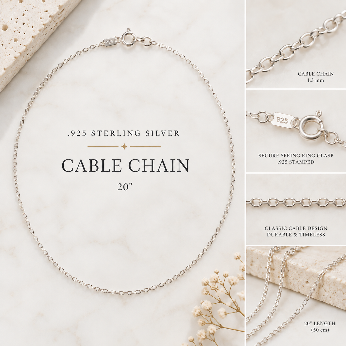 925 sterling silver 1.3 mm cable chain, 20 inch, with spring ring clasp — chain only for pendants