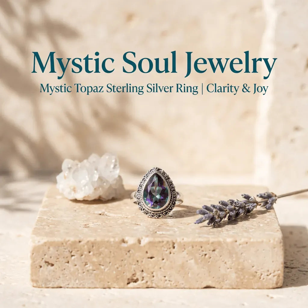 Mystic Soul Jewelry ring with topaz stone on a stone surface with crystals and lavender.