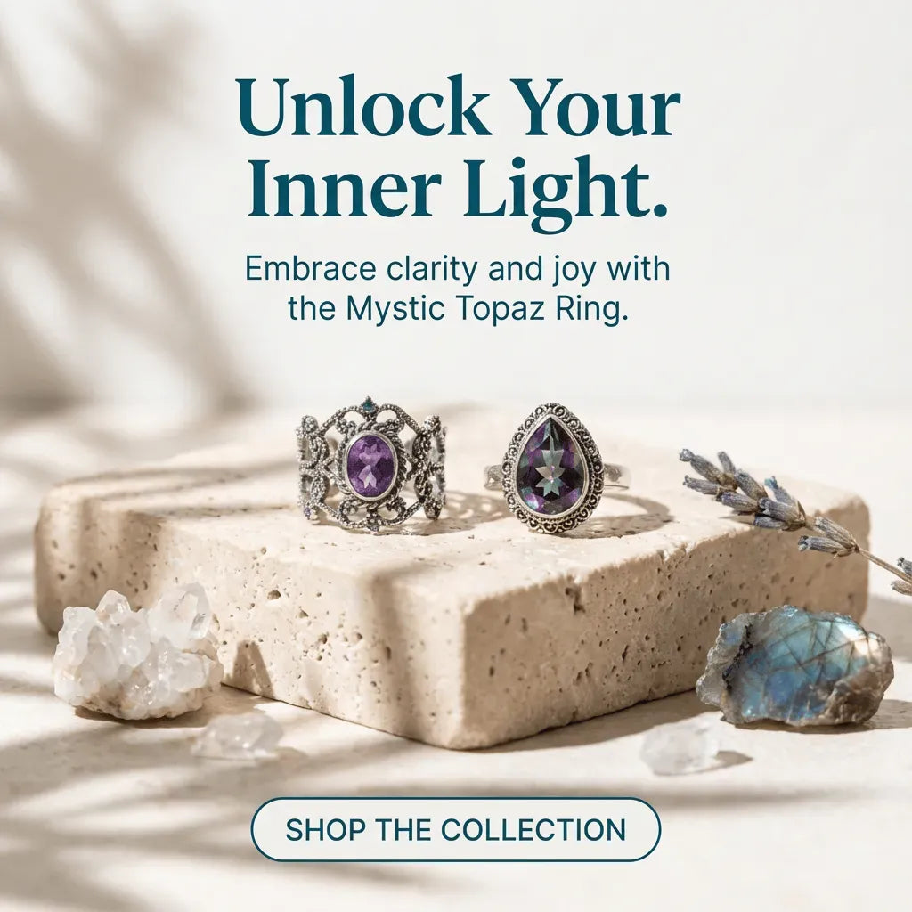 Two purple gemstone rings on a stone surface with crystals and lavender, text 'Unlock Your Inner Light' and 'Shop the Collection'.