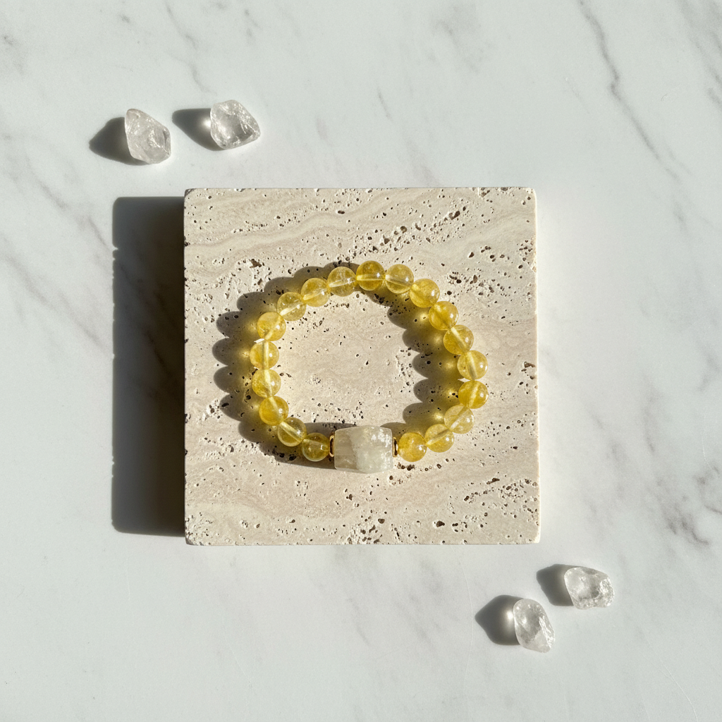 Natural citrine stretch bracelet with a barrel focal bead — solar plexus chakra jewelry