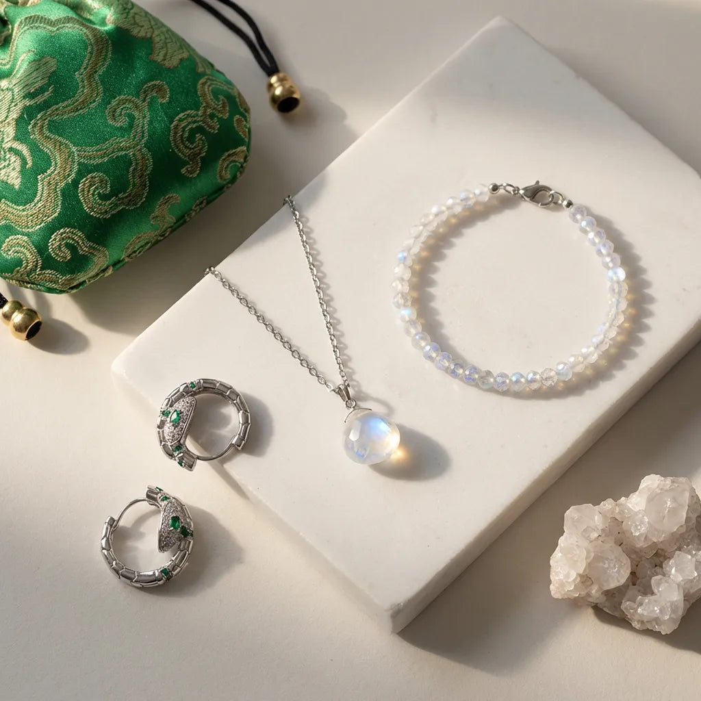 Silver jewelry set including necklace, earrings, and bracelet on a white box with a green fabric pouch