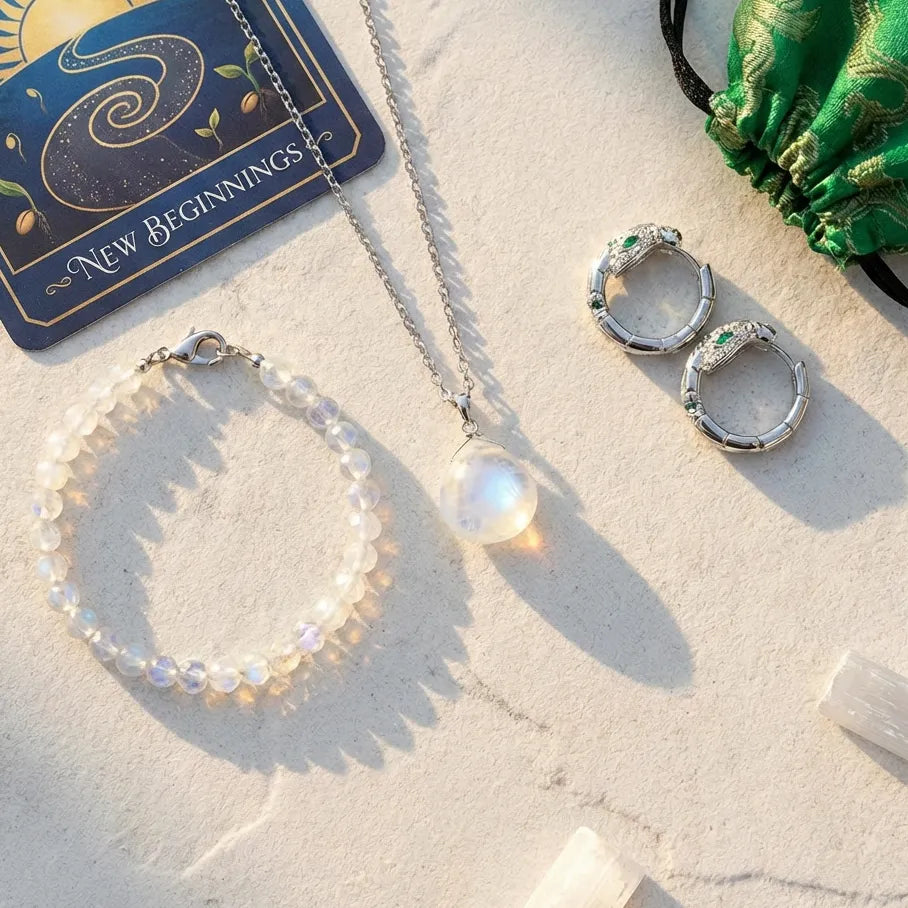 Jewelry set including a necklace, bracelet, and rings on a textured surface  
