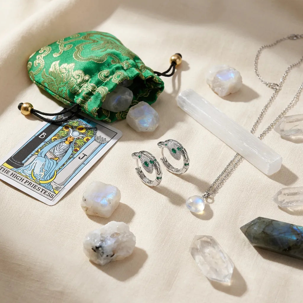 Crystal healing tools including crystals, a tarot card, and jewelry on a beige surface.
