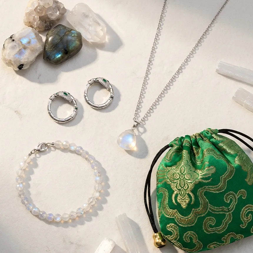 Jewelry set with necklace, earrings, bracelet, and green drawstring bag on a light surface.