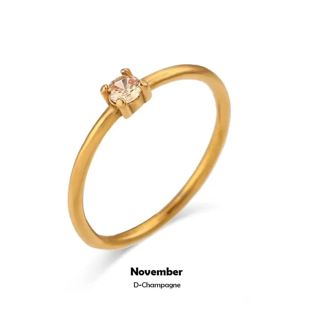 Gold ring with a pink gemstone on a white background, labeled 'November D-Champagne'.