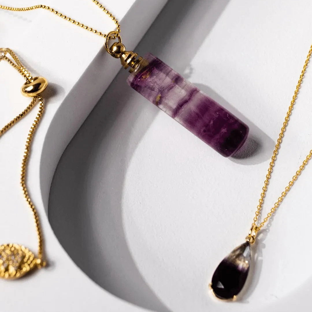 Amethyst pendant necklace on a white background