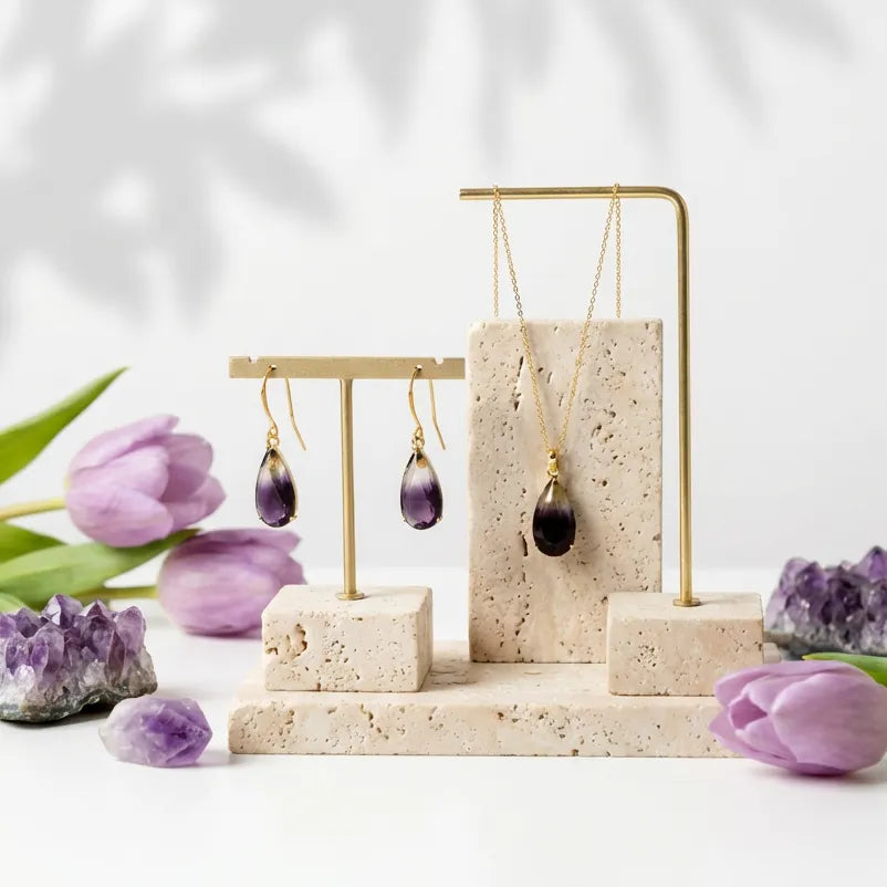 Purple ombre glass necklace and earring set on gold