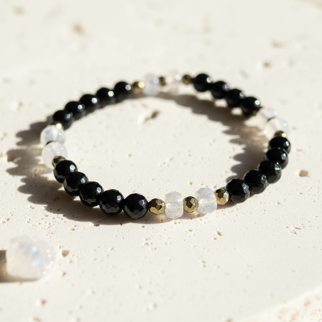 Onyx and moonstone stretch bracelet faceted pyrite — crystal stack jewelry for boundaries