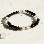 Onyx and moonstone stretch bracelet faceted pyrite — crystal stack jewelry for boundaries