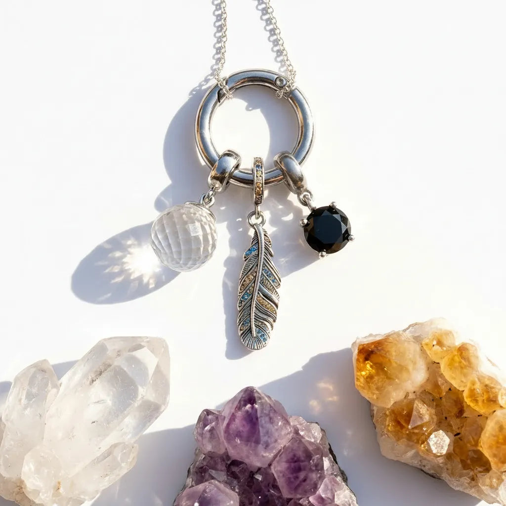 Onyx, feather and quartz owner and pet charm set — crystal necklace for grounding and guidance