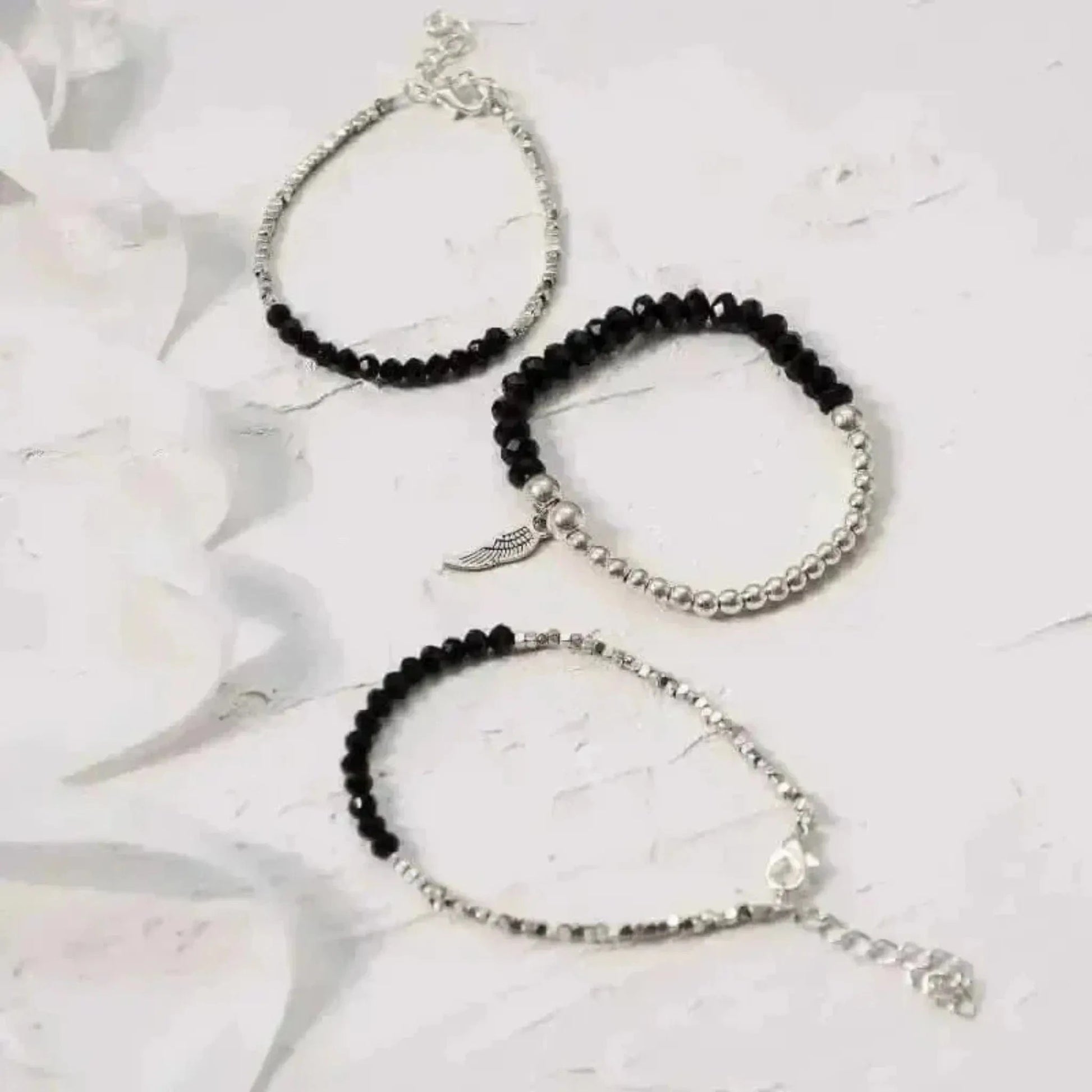 onyx silver black angel wing bracelets