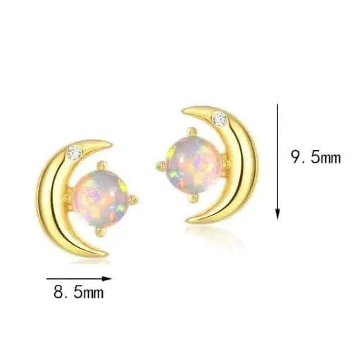 Gold-plated earrings with synthetic opal stones on a white background, accompanied by product details.