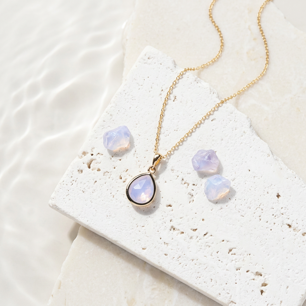 Gold teardrop necklace with iridescent opalite glass pendant, opal-inspired October birthstone colour