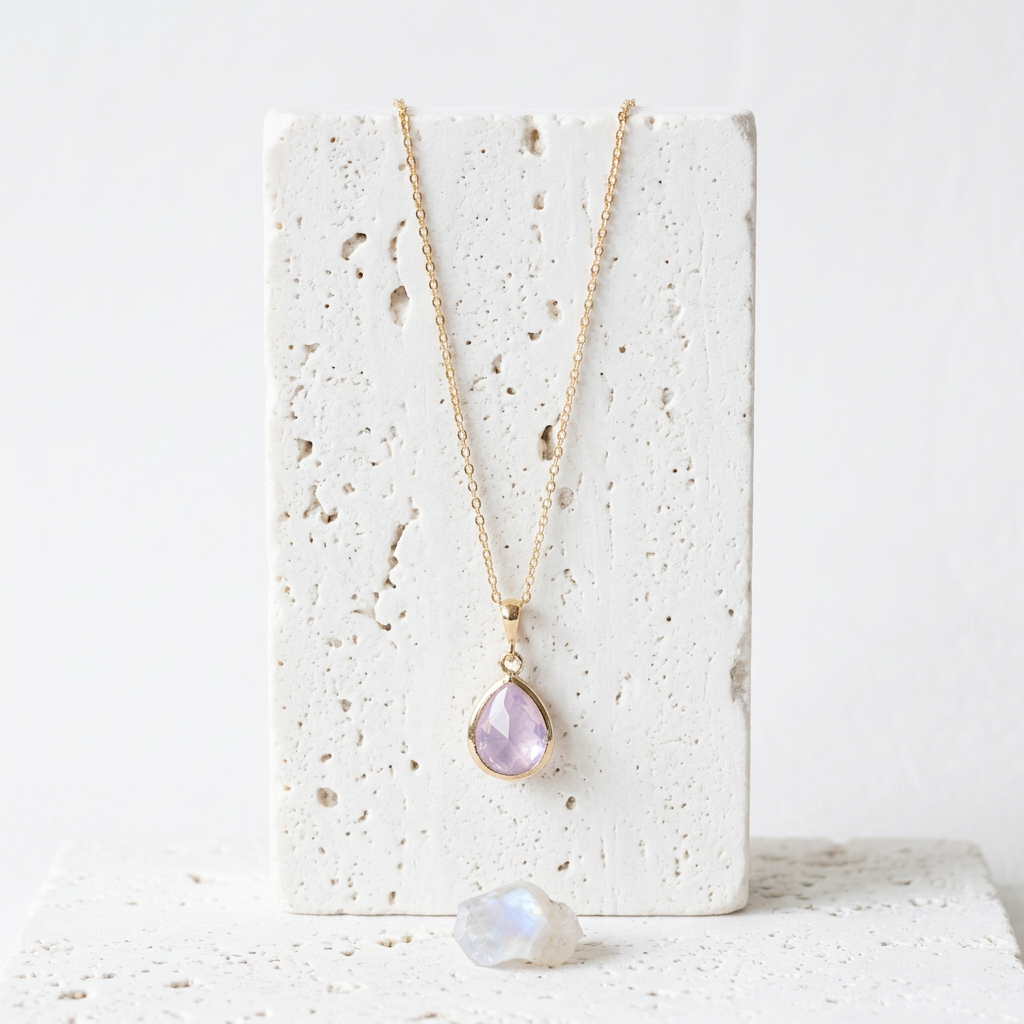 Gold teardrop necklace with iridescent opalite glass pendant, opal-inspired October birthstone colour