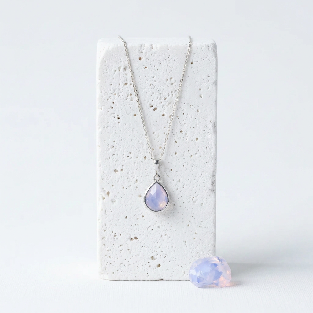Silver teardrop necklace with iridescent opalite glass pendant, opal-inspired October birthstone colour