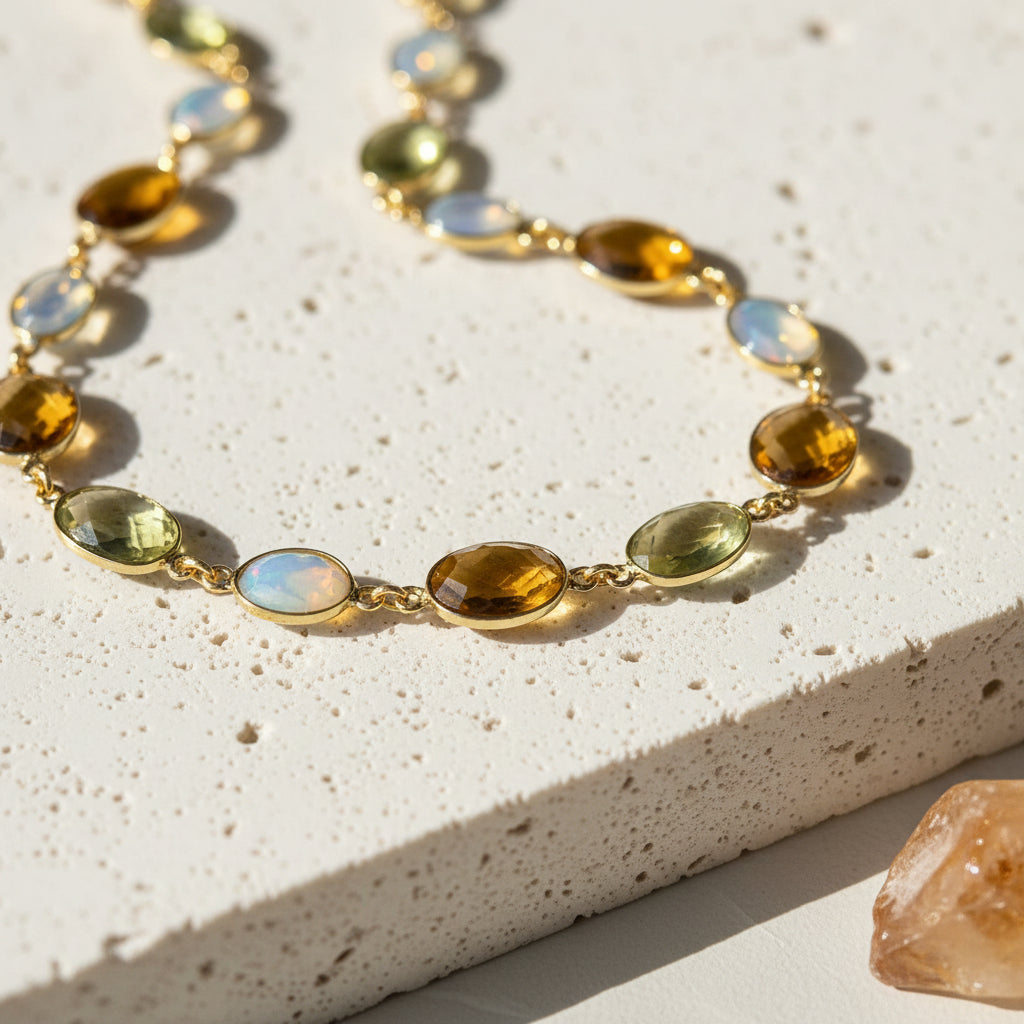 Close-up of bezel-set citrine, smoky quartz and opalite oval links on a gold-plated gemstone chain necklace