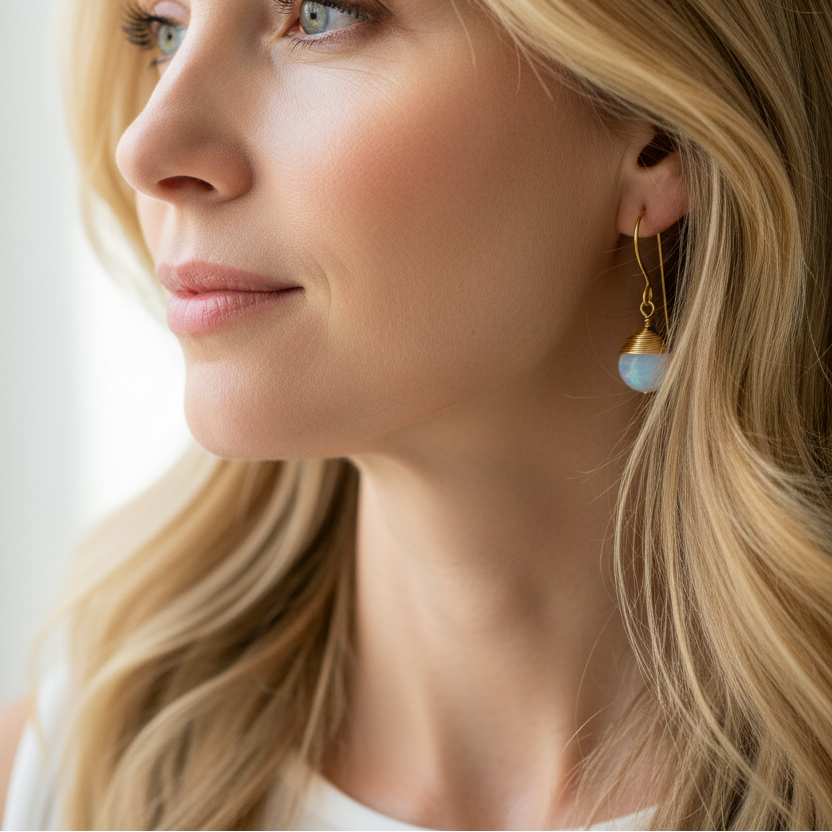 opalite gold earrings with gemstones on a white surface with crystals