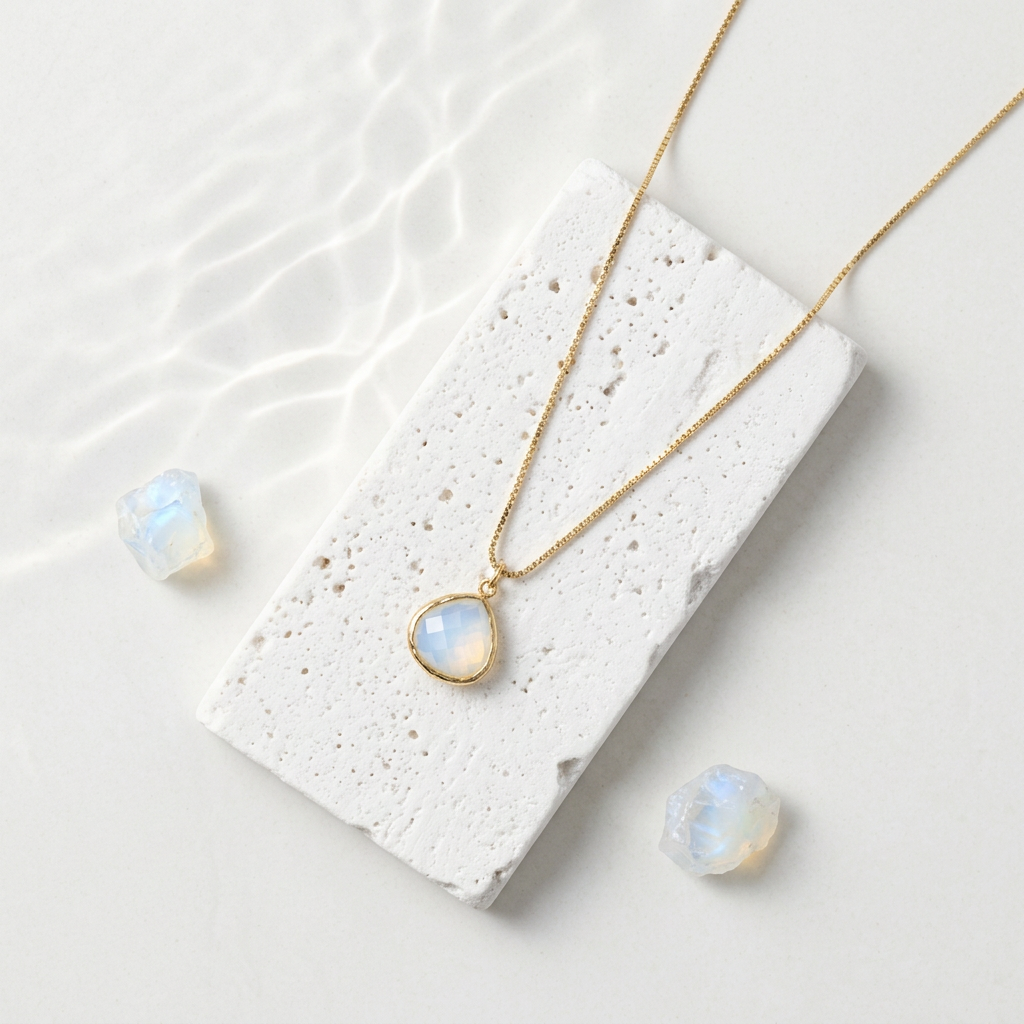 Gold Elegant Pebble necklace with opalite glass pendant, opal-inspired shimmer